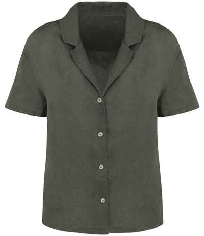 Spasso Ladies Short Sleeve Linen Bowling Collar Shirt